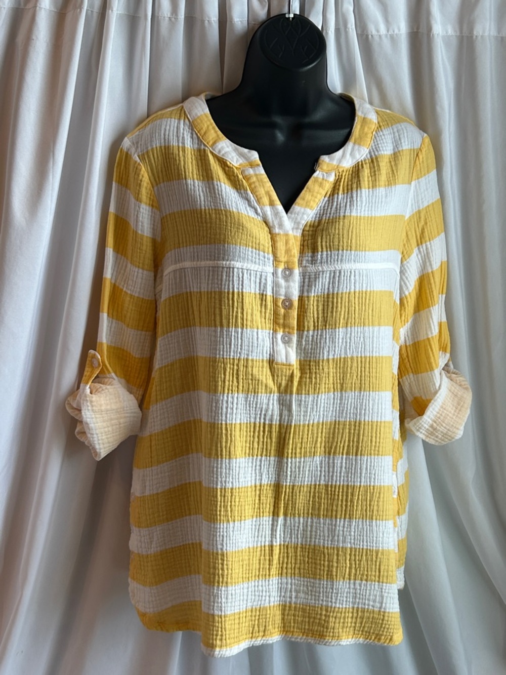 Kaktus Yellow & White Striped Button Henley Tunic